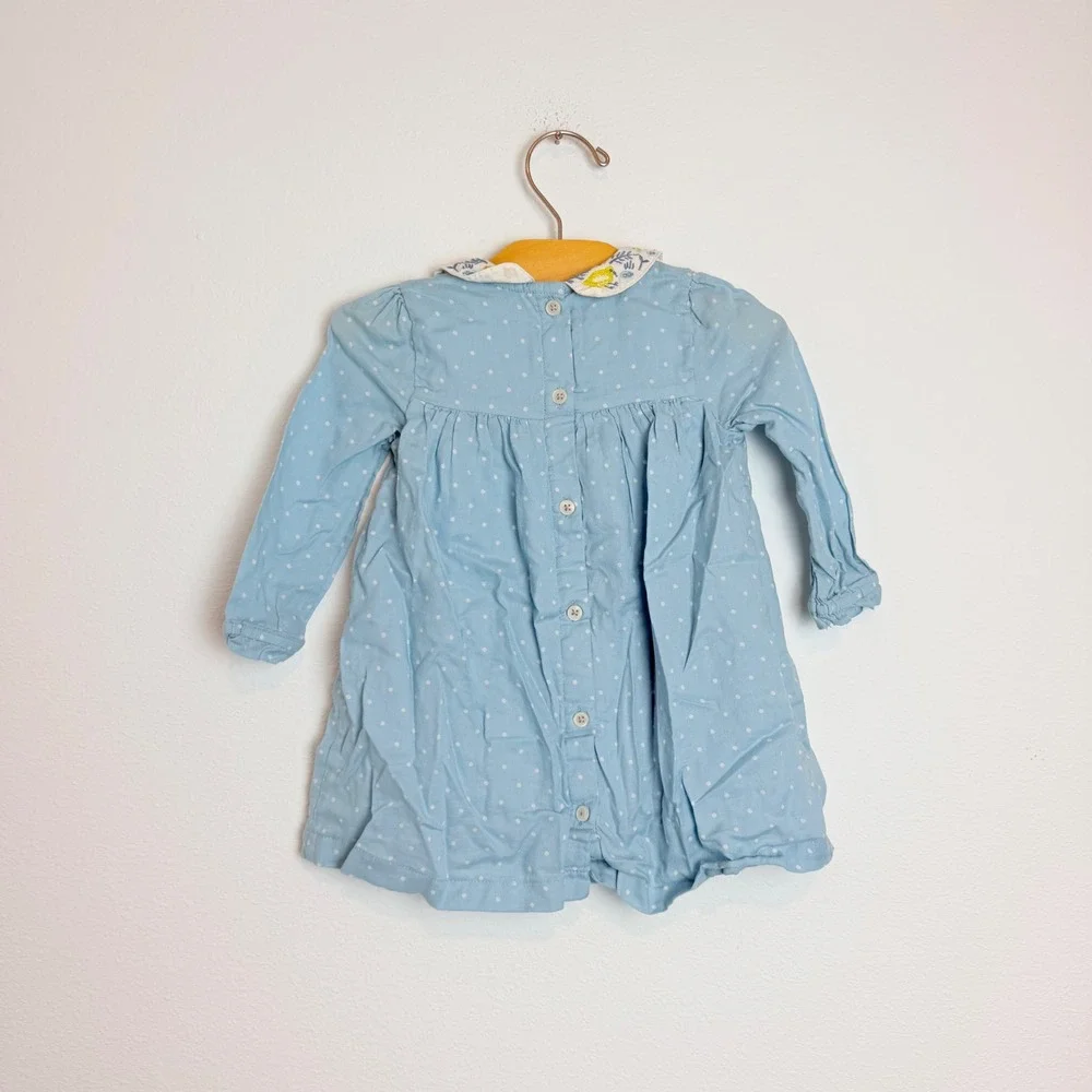 Baby Boden Blue Polka Dot Embroidered Bird Peter Pan Collar Dress Cotton Kids